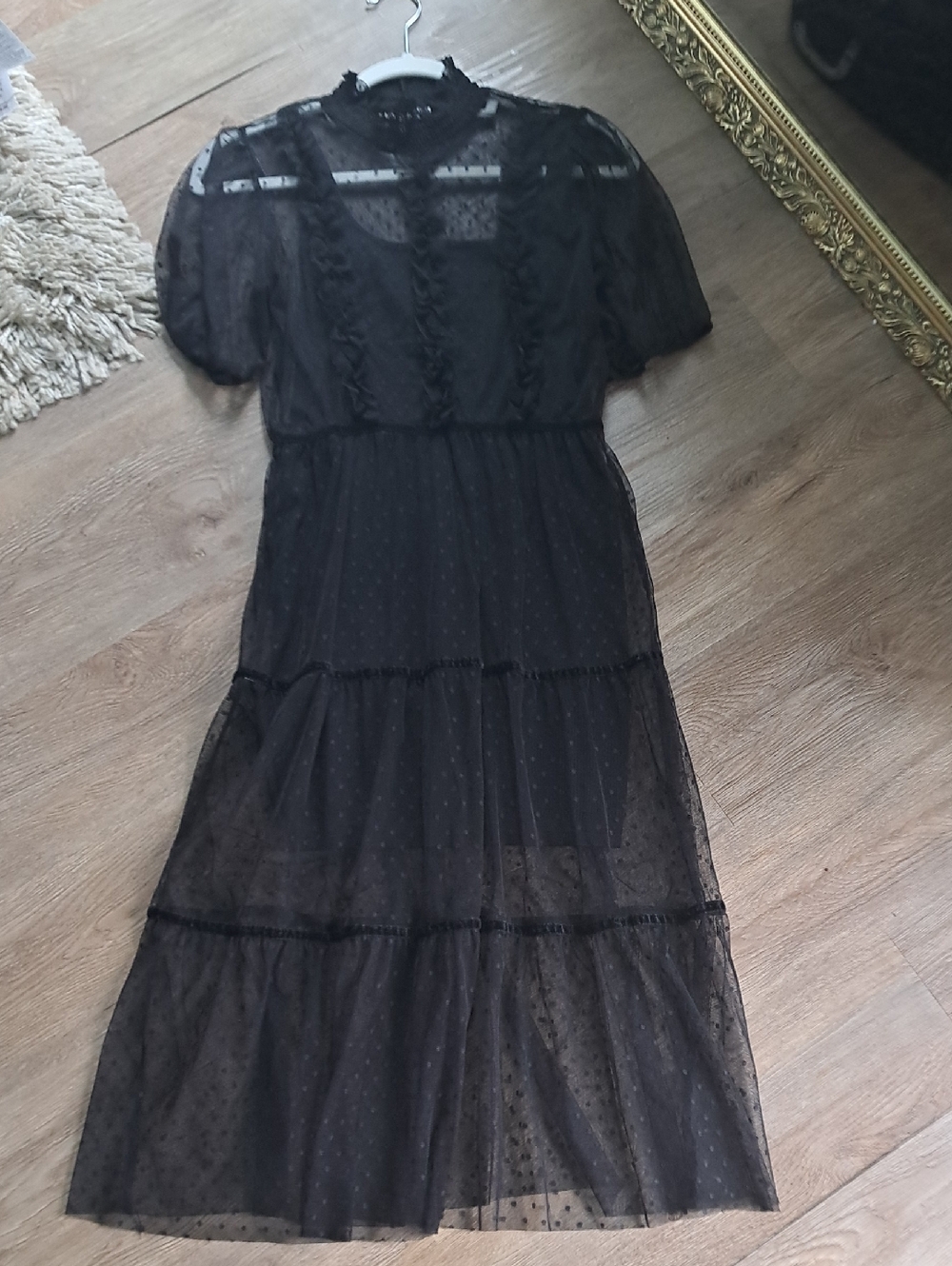 H&M Black Sheer Dotted Tiered Midi Dress